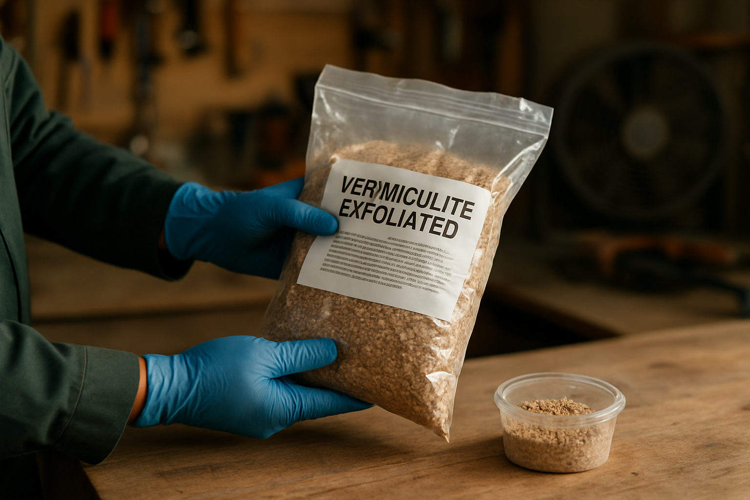 Vermiculite exfoliée en granulés sur un plan de travail, gants et étiquette de produit visibles