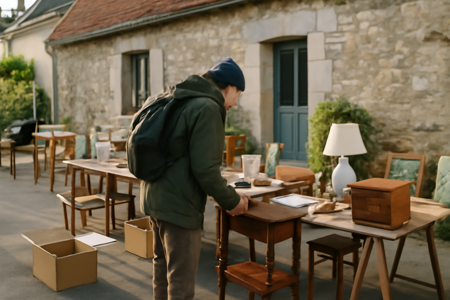 Chiner dans une vide maison dans le Loir-et-Cher : tables et objets exposés devant une maison