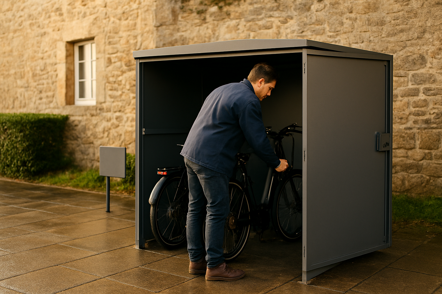 Abri vélo fermé en acier avec serrure, installation sur dalle extérieure