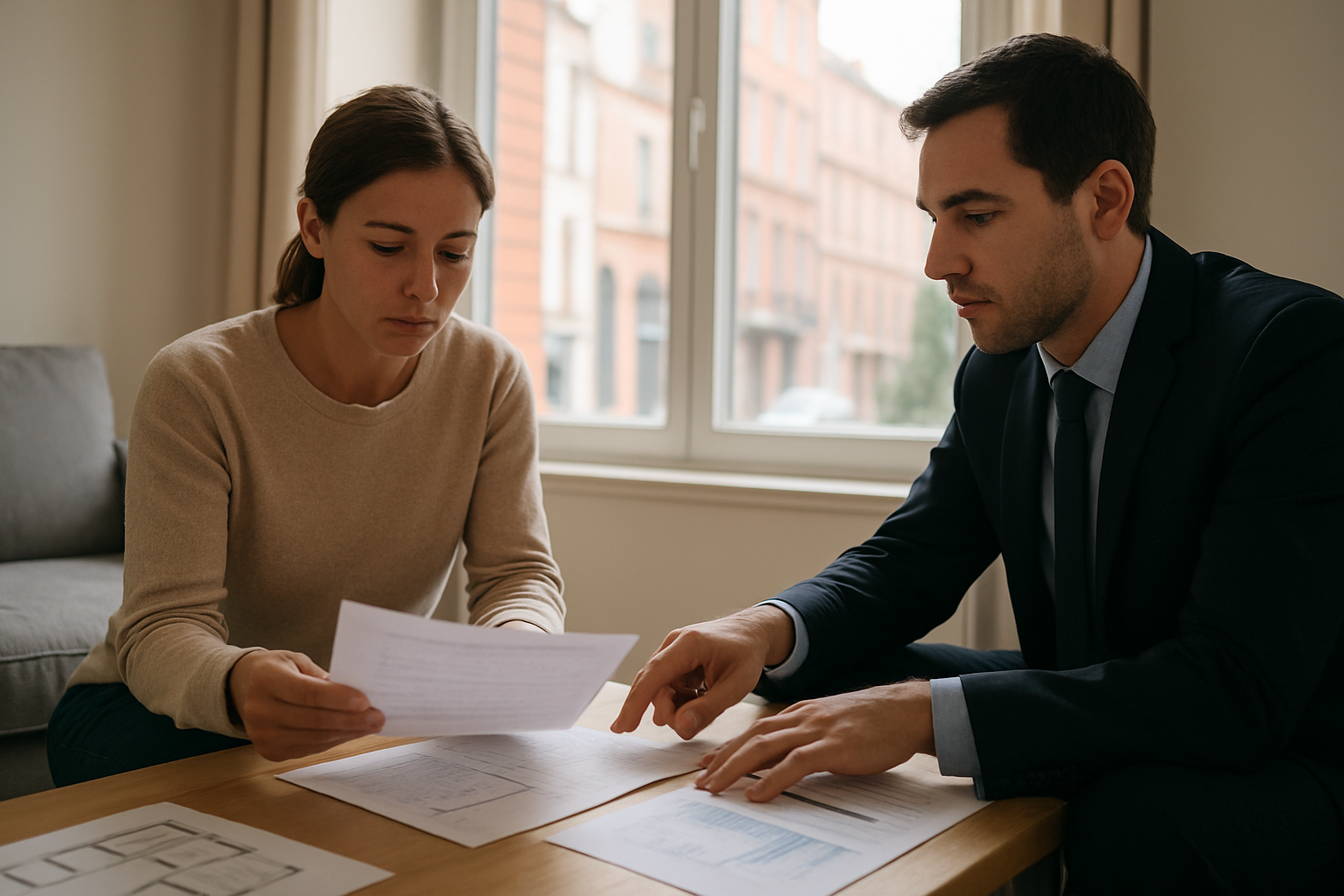 Visite d’un appartement à Toulouse avec un acheteur et un agent, documents de copropriété sur une table