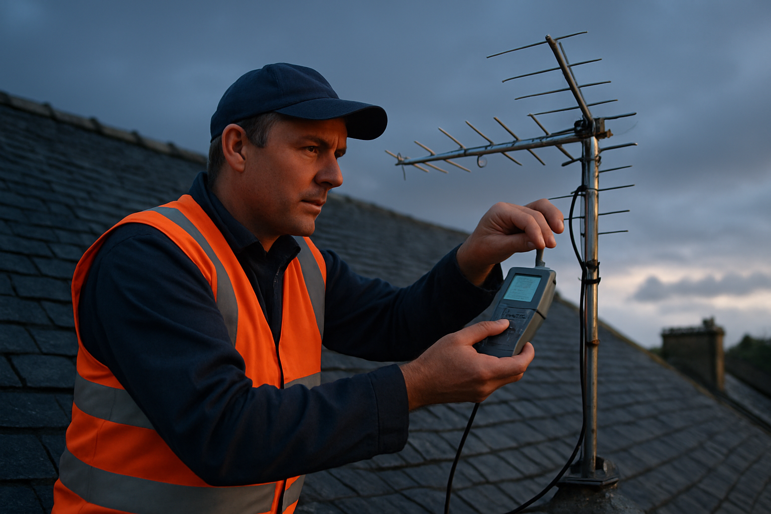 Technicien antenniste réglant une antenne TNT sur le toit d’une maison bretonne au crépuscule