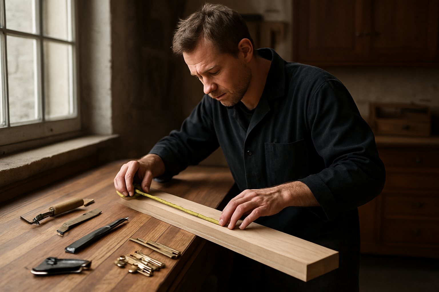 Atelier d’ébénisterie : placage et quincaillerie préparés sur établi en lumière naturelle