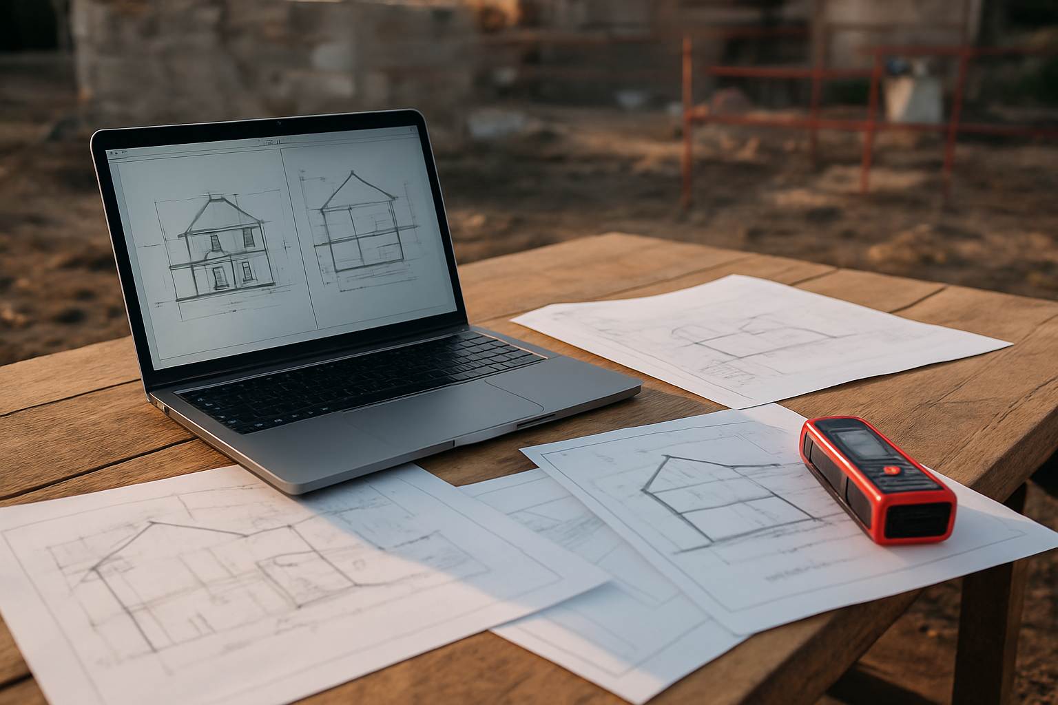 Plan de façade coté sur table de travail avec mètre laser et plans de coupe
