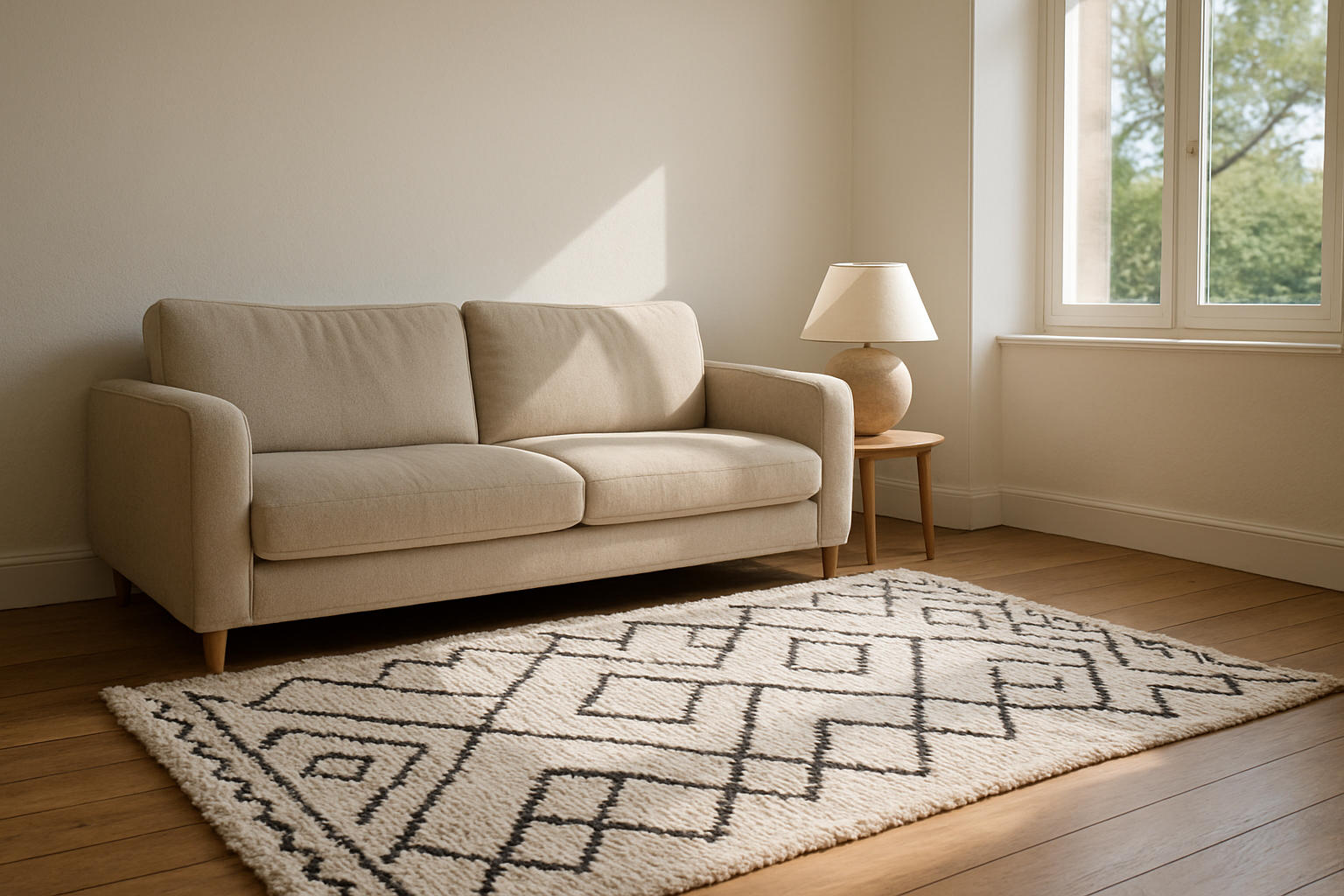 Tapis berbère blanc et noir avec motifs géométriques posé dans un salon lumineux
