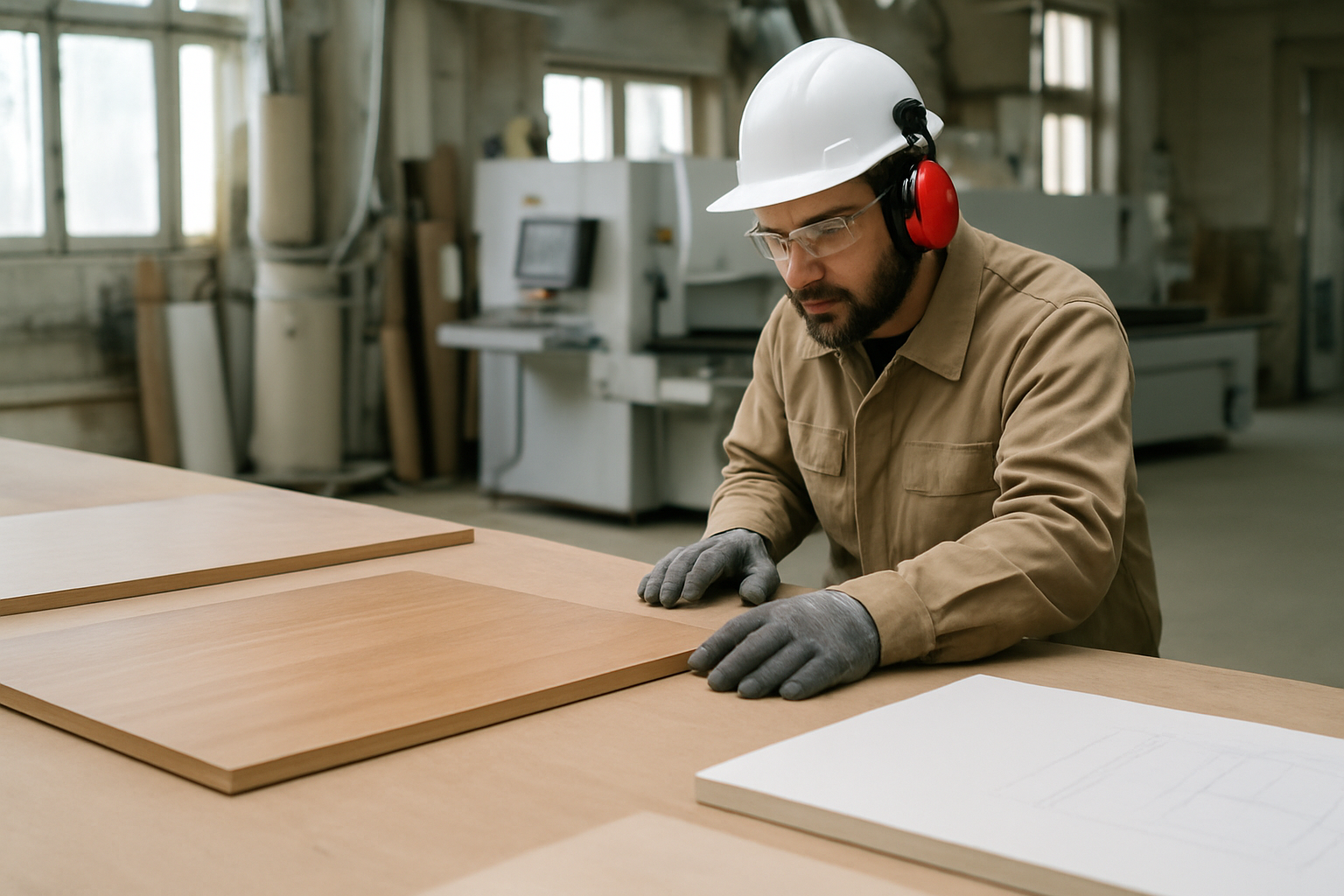 Atelier de fabrication de meubles sur mesure avec panneaux découpés et contrôle qualité