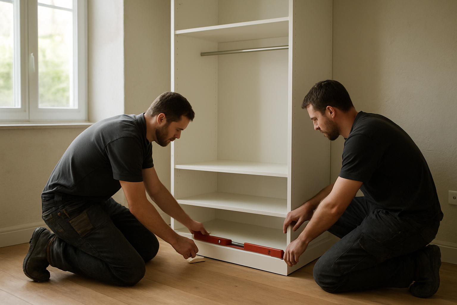 Pose d’un dressing sur mesure avec calages et contrôle des alignements