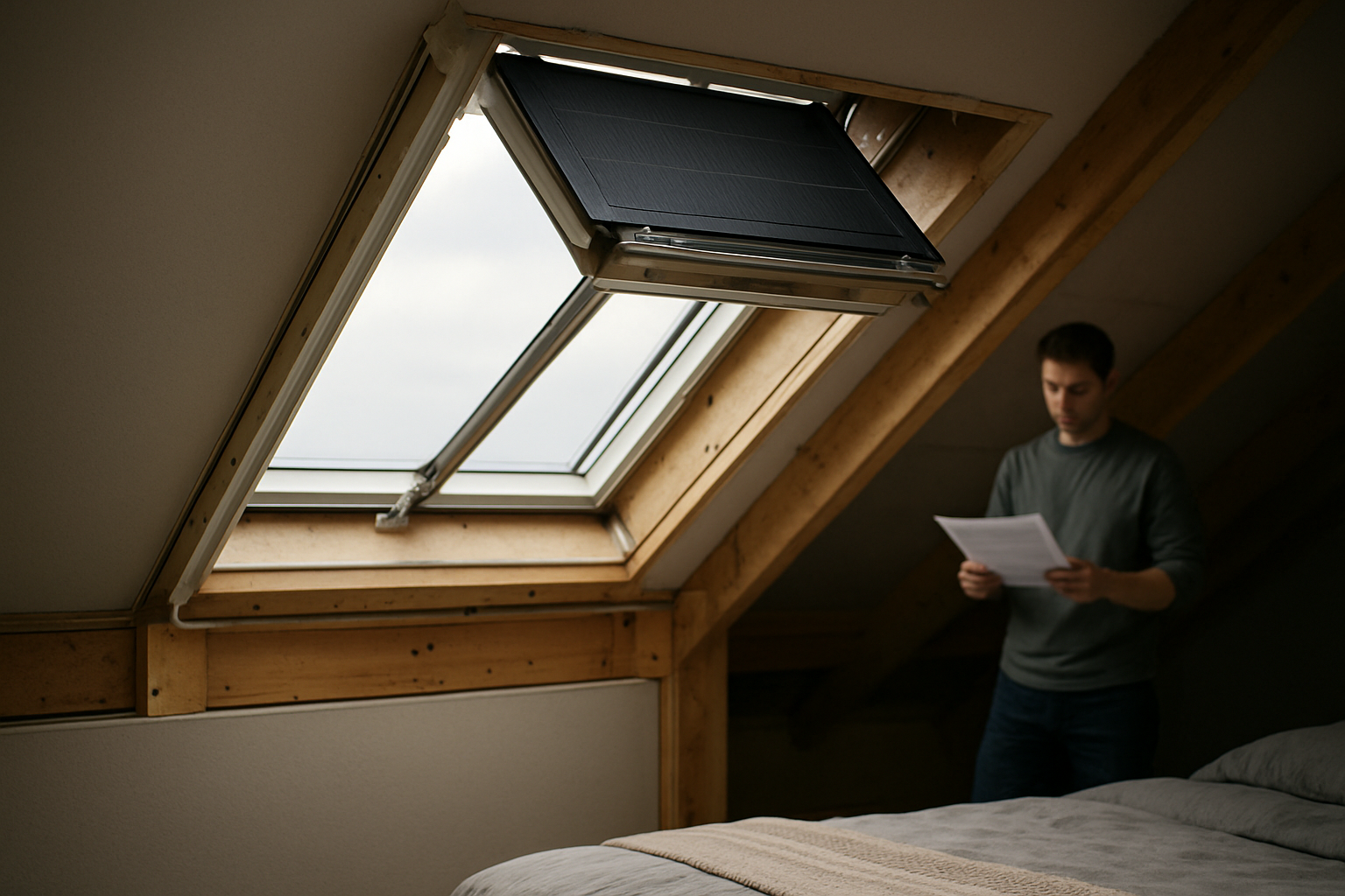 Volet roulant VELUX solaire rigide installé sur une fenêtre de toit en Bretagne, vue intérieure